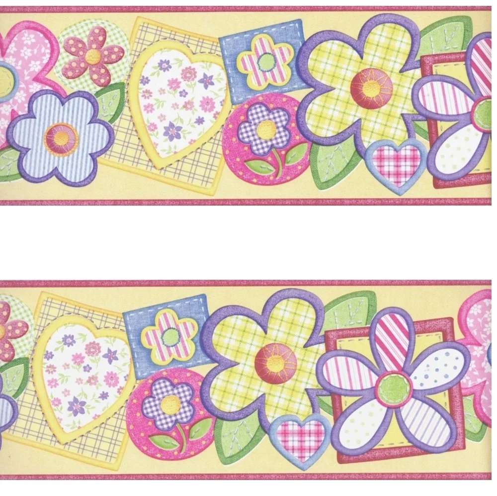 Waverly Kids Cheerful Flower Patch Yellow/Pink/Purple Gingham Valences+Wallpaper